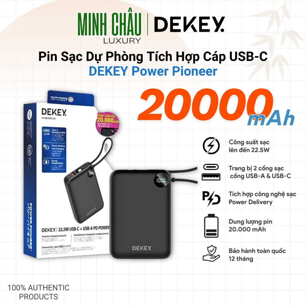 Pin Sạc Dự Phòng DEKEY P2788 Power Pioneer 20000mAh, Công Suất 22.5W USB-C PD, Tích Hợp Cáp Type-C -