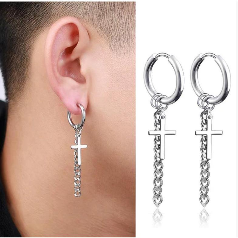 Bông Tai Nam Nữ Unisex Chất Liệu Titan Hình Thánh Giá Không Đen Không Gỉ TT 1278