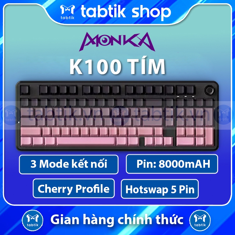 [HỎA TỐC] Bàn phím cơ không dây Monka K100 Black Pink Switch Clicky | 3 mode | mạch xuôi | RGB | Hos