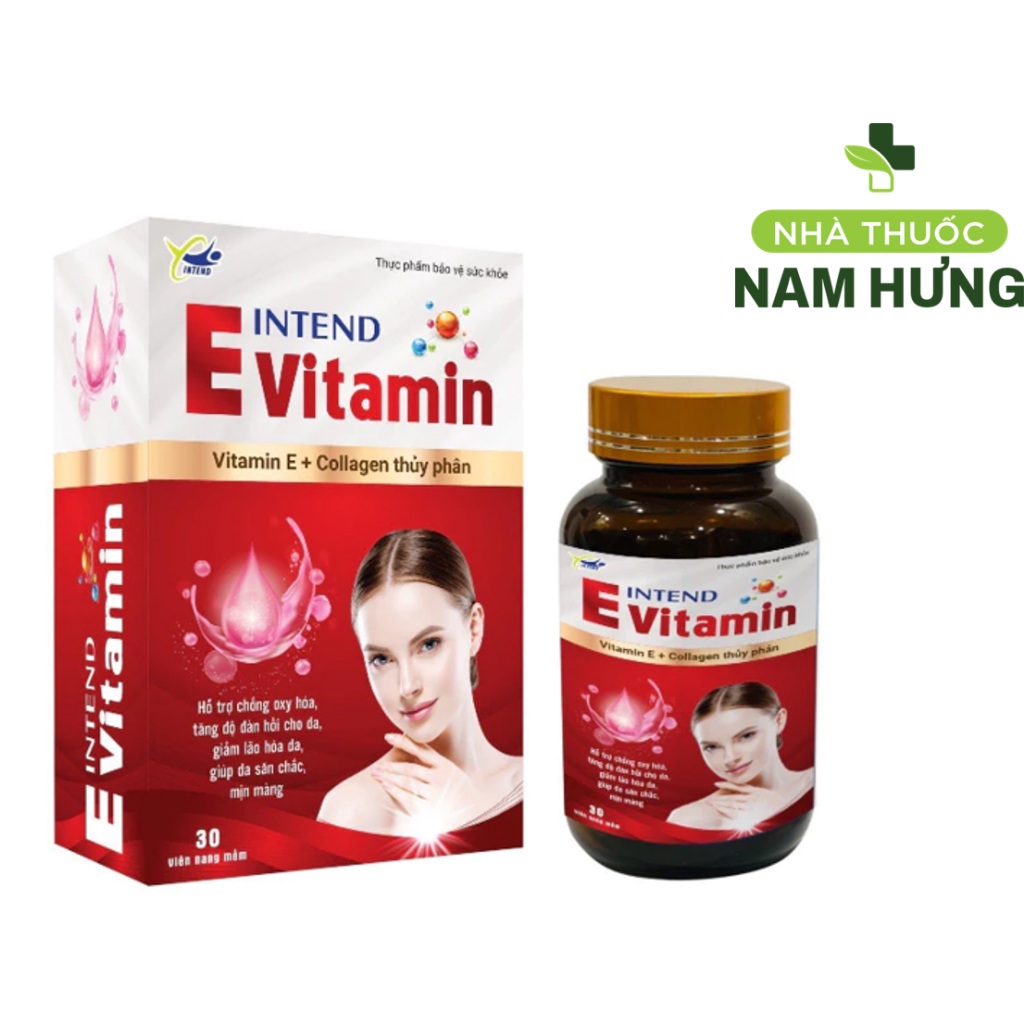 Vitamin E Intend chứa 200IU Vitamin E và 500mg Collagen thuỷ phân - bộ đôi hoàn hảo chống lão hoá da
