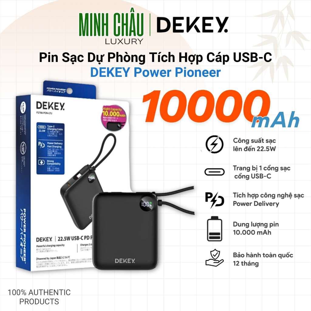 Pin Sạc Dự Phòng DEKEY P2782 Power Pioneer 10000mAh, Công Suất 22.5W USB-C PD, Tích Hợp Cáp Type-C -
