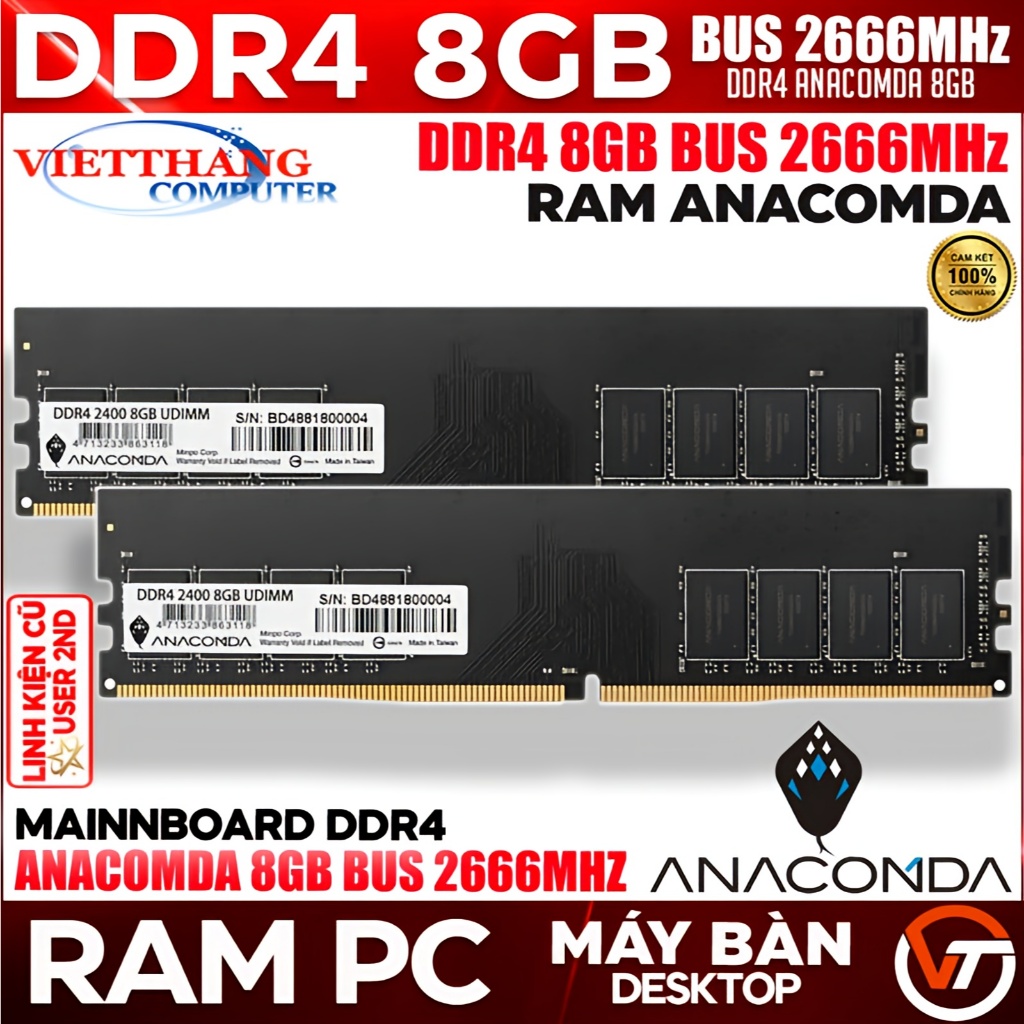 Ram Máy Tính Anacomda 8GB DDR4 Bus 2666MHz Hàng Cũ qua sử dụng còn đẹp Thương hiệu Tawan (Cũ - 2nd)