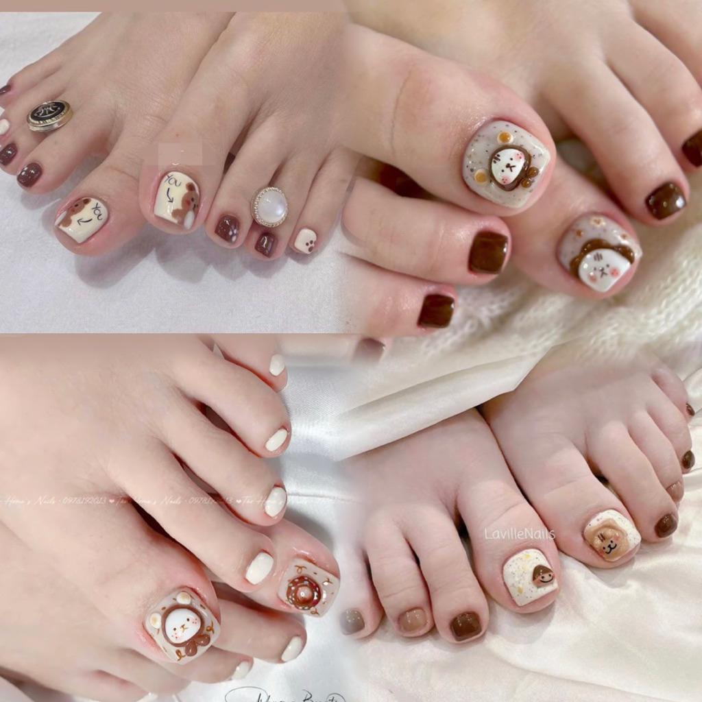 Móng úp chân, Nailbox móng chân thiết kế chân màu nâu vẽ nổi dễ thương JuliaNailBox