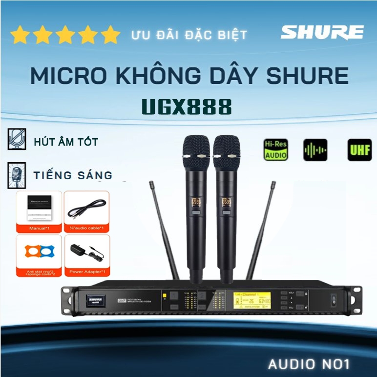 Micro Không Dây SHURE UGX888, 2 Anten, Chống Hú Tốt, Bắt Sóng Nhạy, Cho Giọng Hát Trong Trẻo, Mượt M
