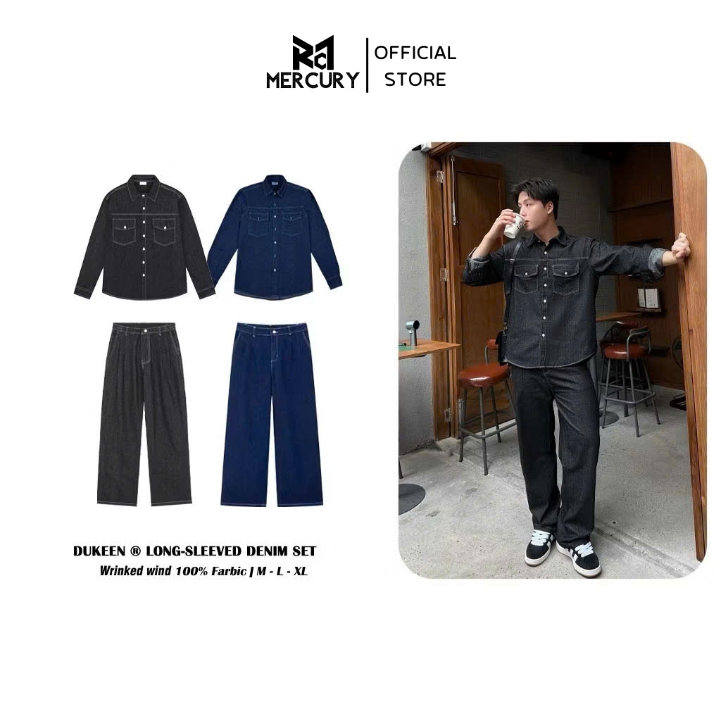 Set Denim Premium Dài Gồm Áo Sơ Mi Tay Dài Jeans Form Unisex Và Quần Jeans Ống Rộng DK070