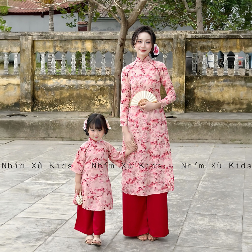 [4-64kg] Áo Dài Cách Tân MẸ VÀ BÉ Hoa Đỏ NHÍM XÙ KIDS Chất Lụa Mango Cho Bé Gái AD140