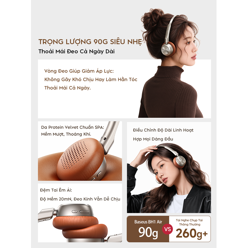 Tai Nghe Chụp Tai Baseus Bass BH1 Air - Thiết Kế Retro Siêu Nhẹ 90g, Pin 80h, Chống Ồn ENC Thông Minh Lọc Sạch Tạp Âm | BigBuy360 - bigbuy360.vn