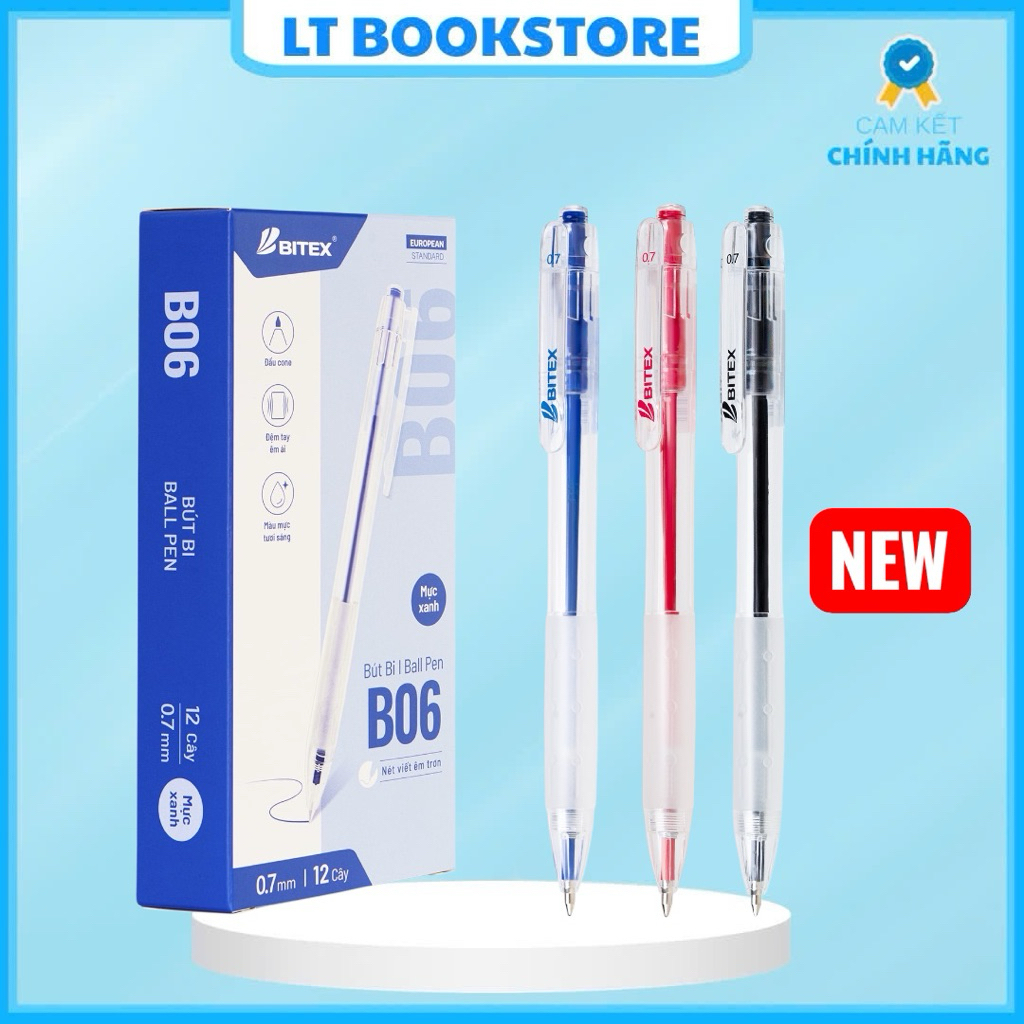 Combo 5/10 Bút Bi BITEX B06 – Ngòi 0.7mm – Viết Mượt, Nét Đậm, Khô Nhanh – 3 Màu Xanh/Đỏ/Đen – Bút b