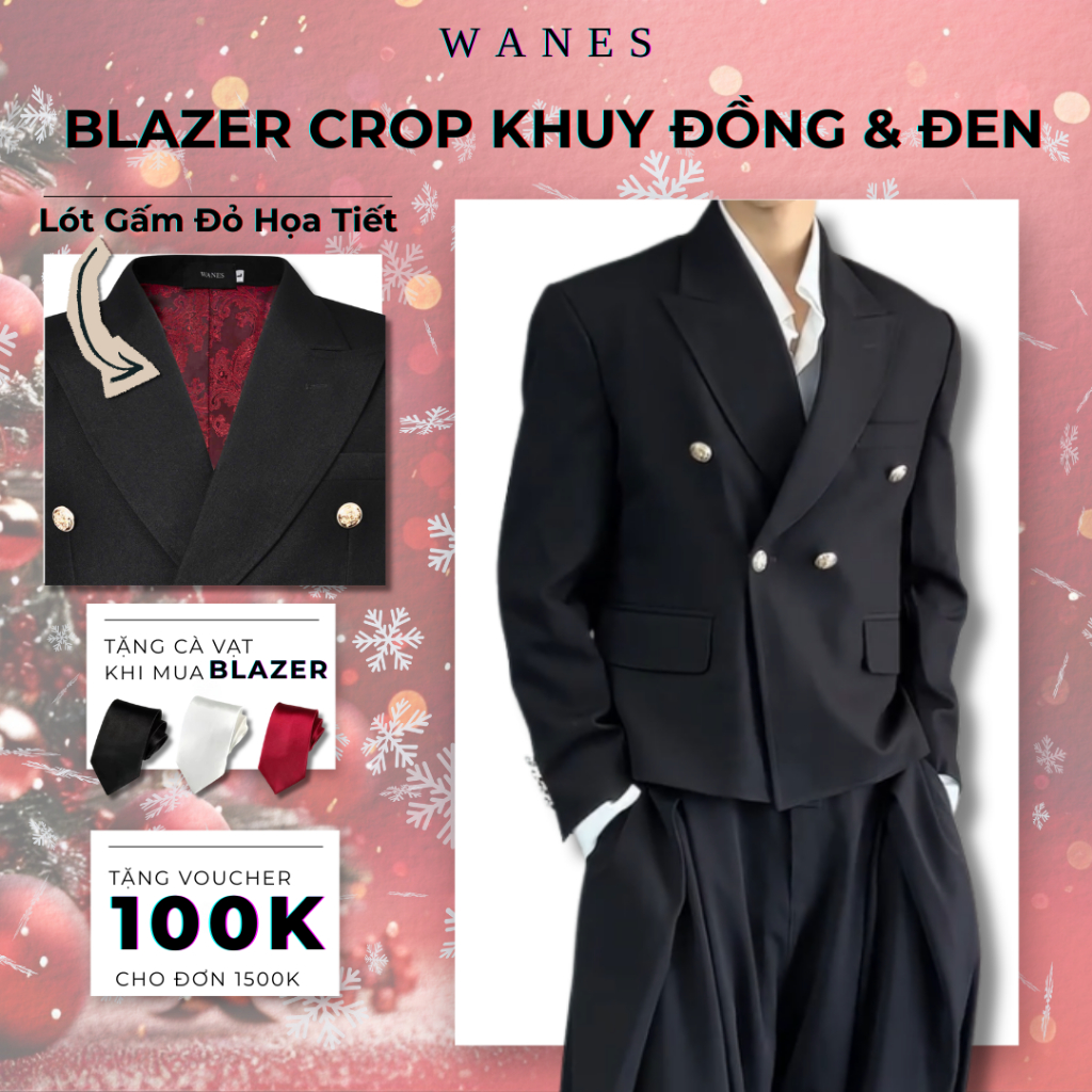 Áo Blazer Form Crop Khuy Đồng, Khuy Đen Phối Lót Gấm Đỏ Cao Cấp - Wanes Crop Blazer, Form Boxy, Tôn 