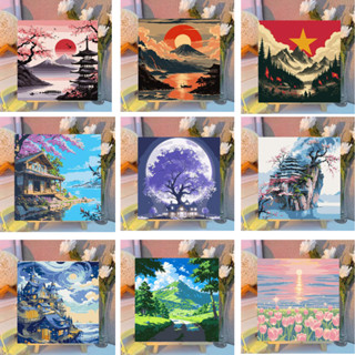  Tranh hóa số tranh tô màu theo số,tranh sơn dầu tô màu tranh theo số phong cảnh hoa lá có khung 20x20cm 