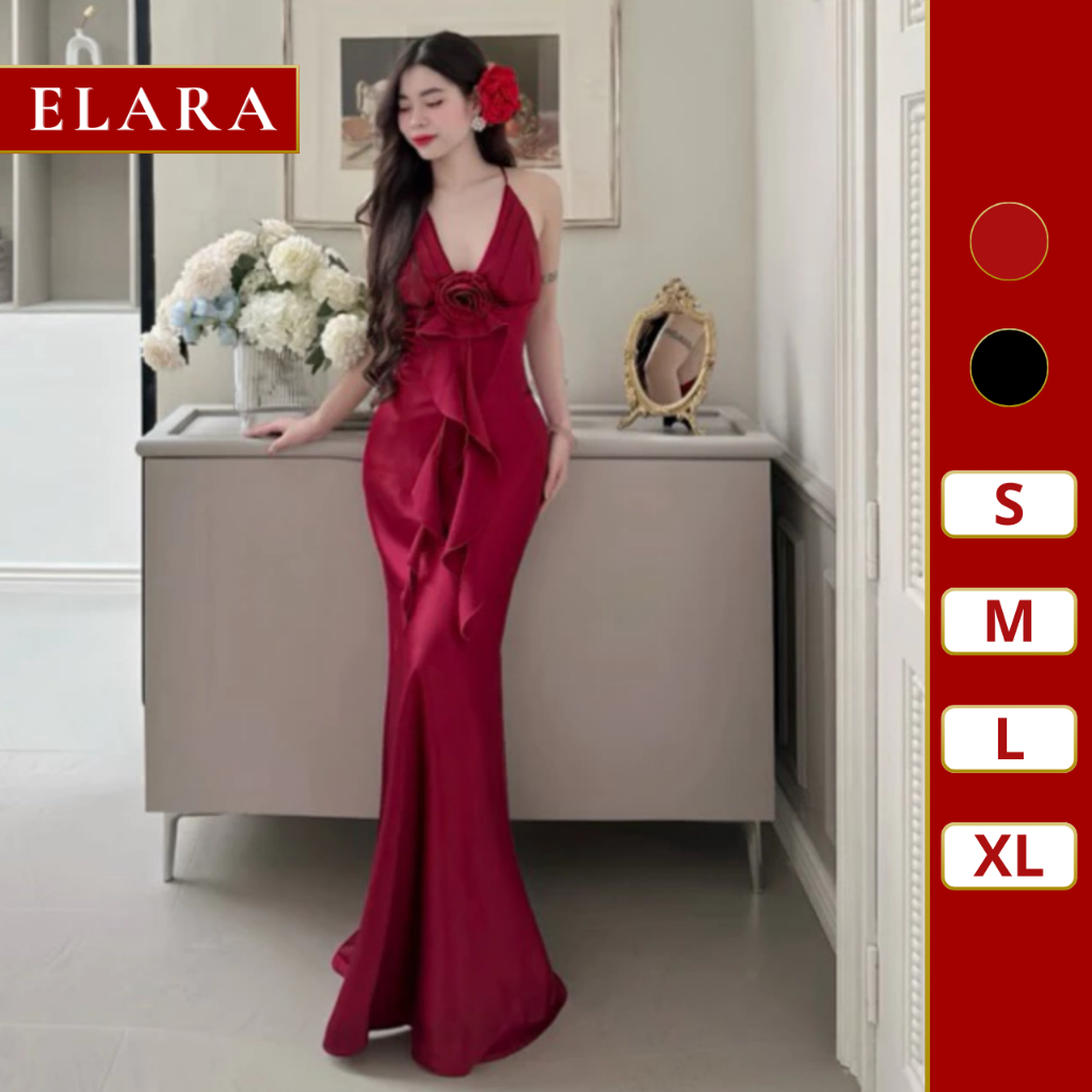 Đầm Lụa 2 Dây Đan Lưng Đính Hoa Rose Tua Rua Sang-J10-Elara.Style