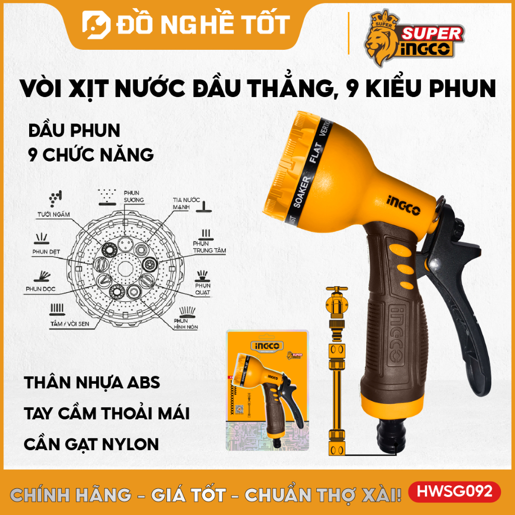 Vòi phun xịt nước tưới cây, có thể chỉnh 9 kiểu tia, đa năng INGCO HWSG092, tay cầm êm ái