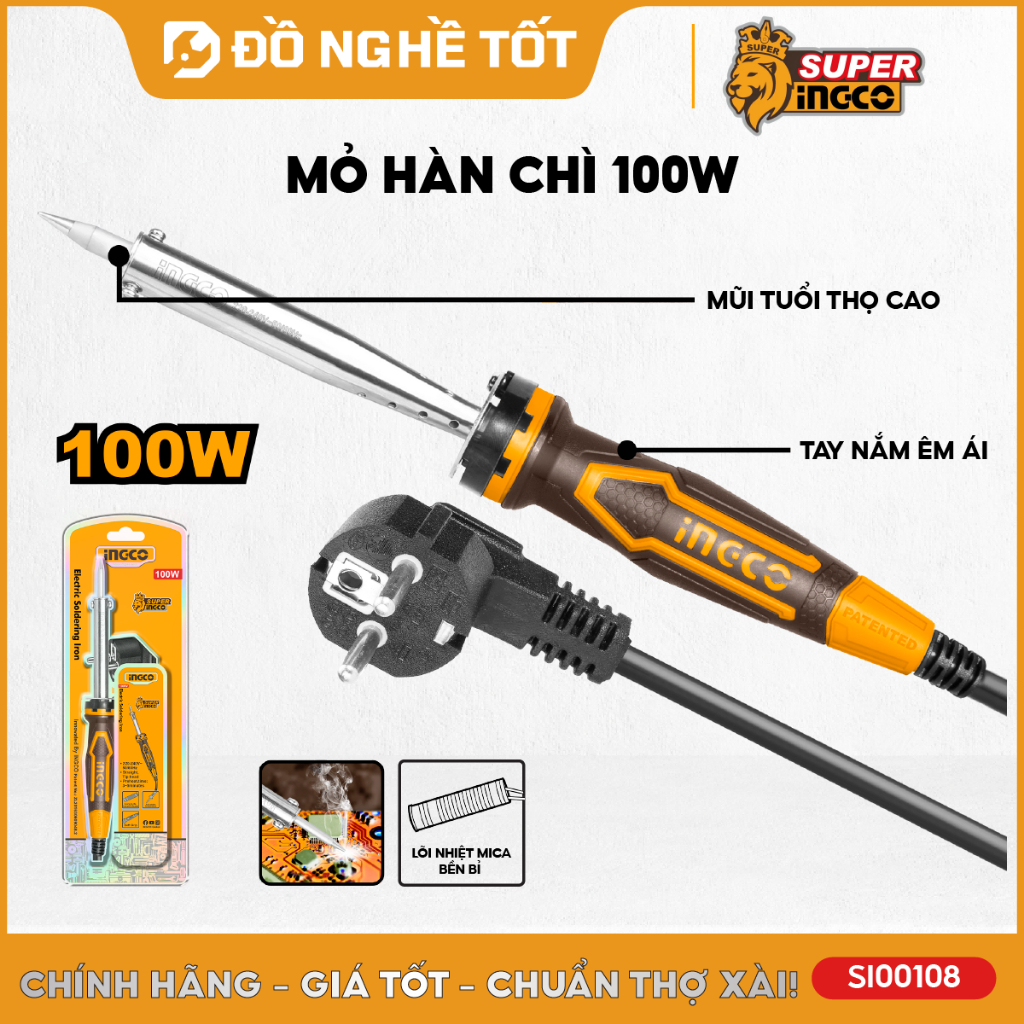 Mỏ hàn chì INGCO 60W/100W SI0268/SI00108 – Gia nhiệt nhanh, hàn linh kiện & dây điện, dùng công nghiệp & sửa chữa