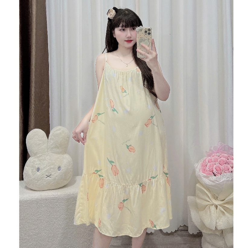 (Đủ size đến 100kg)Váy bầu Bigsize hai dây chất lanh siêu mát