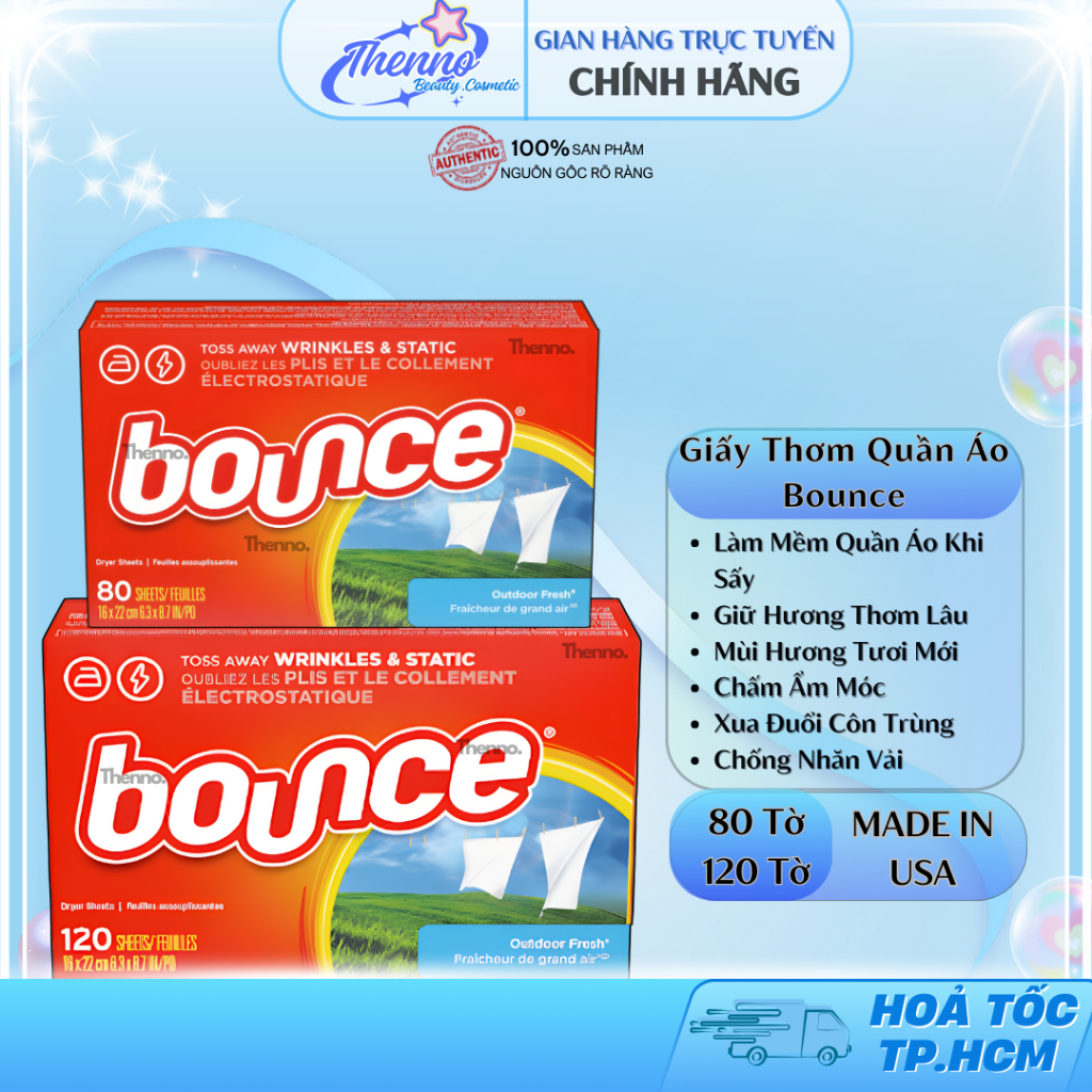 Giấy Sấy Thơm Quần Áo 5in1 Bounce Outdoor Fresh Tươi Mới & Làm Mềm Vải 80 Tờ/120 Tờ - NK Mỹ