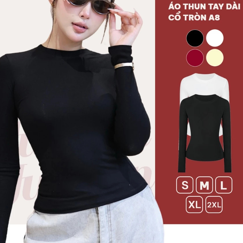 Áo Thắt Eo Dài Tay Ôm Cotton Trơn Nữa S/M/L - Women, Top Cổ Tròn 12 THÁNG SÁU MA2888