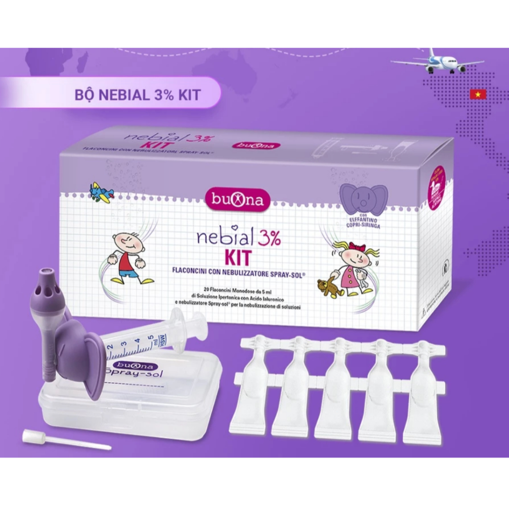 Buona Nebial 3% KIT (20 Ống Nebial 3% 5ml)- Bộ Rửa Mũi, Xịt Xông Làm Sạch Khoang Mũi Toàn Diện