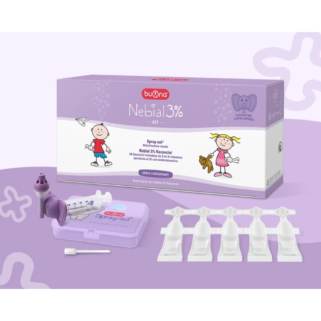 Buona Nebial 3% KIT (20 Ống Nebial 3% 5ml)- Bộ Rửa Mũi, Xịt Xông Làm Sạch Khoang Mũi