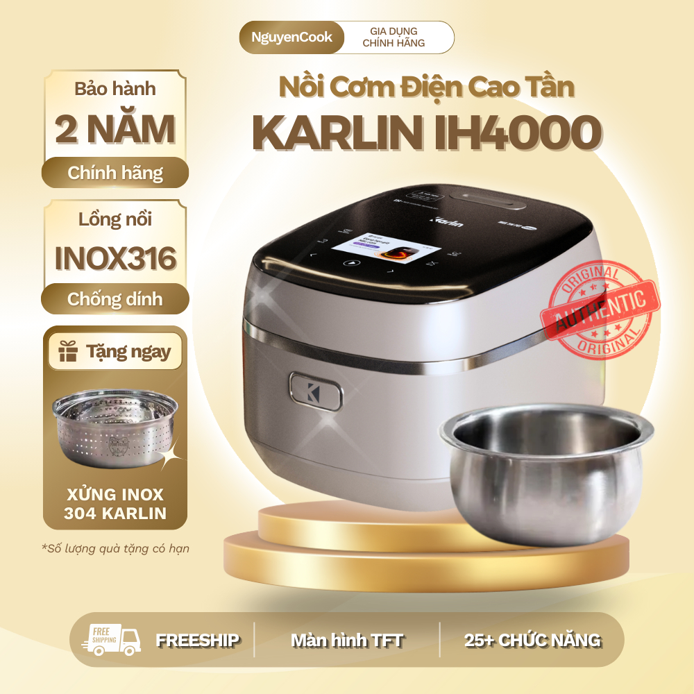 Nồi Cơm Điện Cao Tần Karlin IH4000 Pro 1.5L – Lòng Inox316L Vân Lục Giác, 25 Chế Độ, Song Ngữ