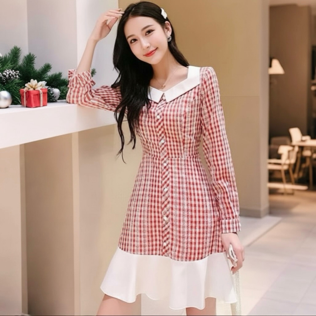 Đầm caro đỏ phối trắng, váy dạo phố, váy tết, váy noel (kèm hình thật)