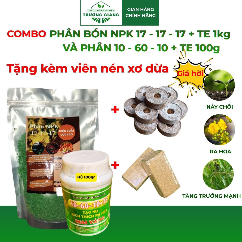 Combo Phân NPK 17-17-17+TE 1kg và Phân Bón 10-60-10+TE 100g – Kích Nụ Mai Vàng Mạnh Mẽ Vật Tư NN Trư