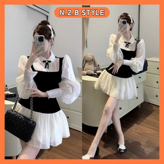   Tặng Nơ  Đầm Váy Nhung Tiểu Thư Phối Cổ Sơ Mi Tay Bồng Dáng Xòe Sang Chảnh 