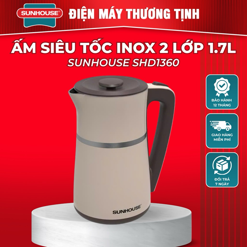 ẤM SIÊU TỐC INOX 2 LỚP 1.7L SUNHOUSE SHD1360 - Hàng chính hãng bảo hành 12 tháng
