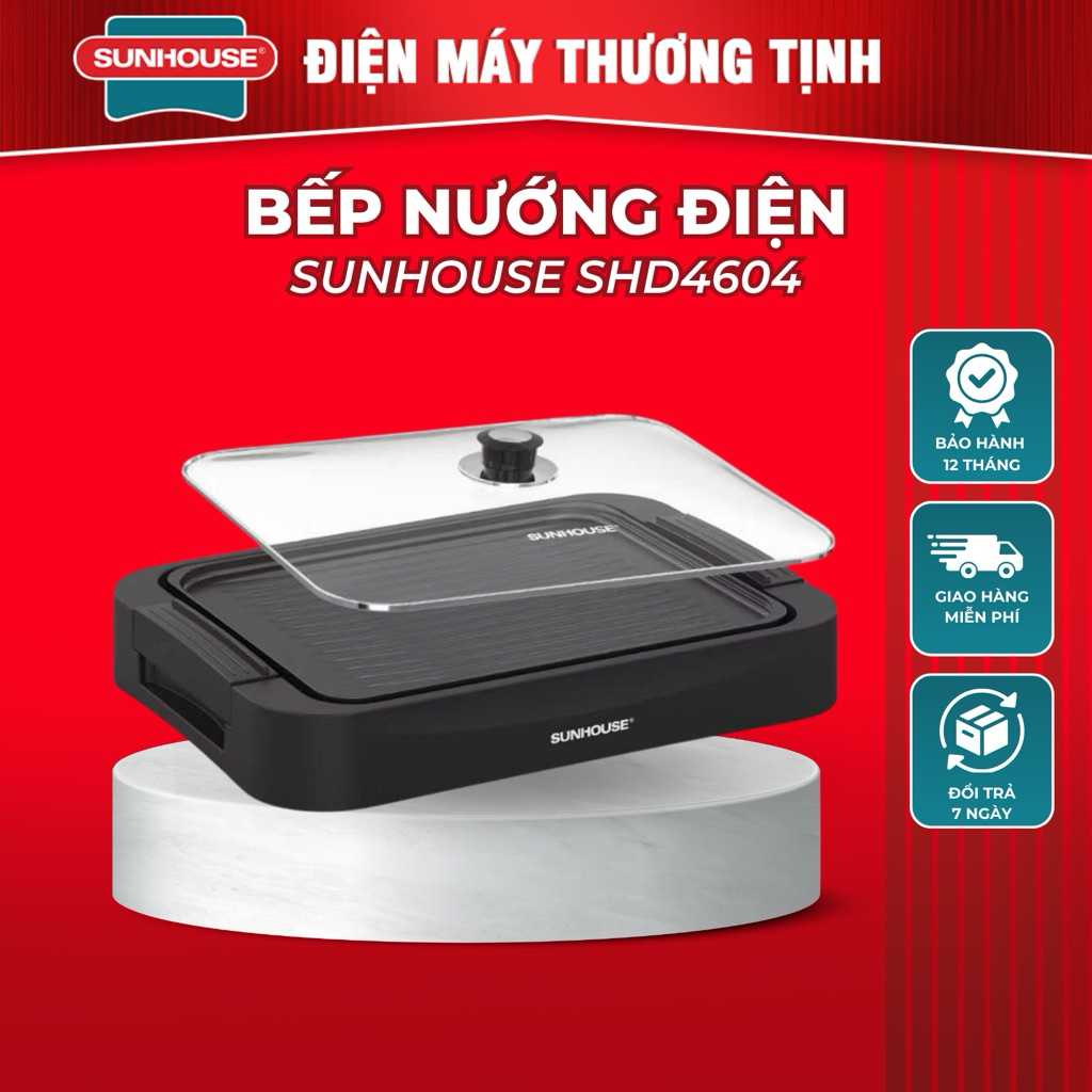 Bếp nướng điện Sunhouse SHD4604, Khay nướng phủ chống dính PTFE, 5 mức nhiệt nướng, Công suất 1700W, Nắp kính cường lực