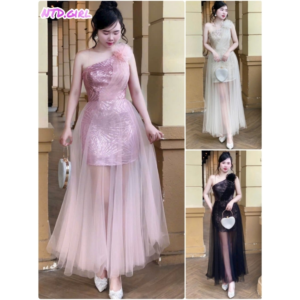 Đầm dáng xòe dạ hội kim sa phối voan, váy dự tiệc sang trọng lộng lẫy - TKO