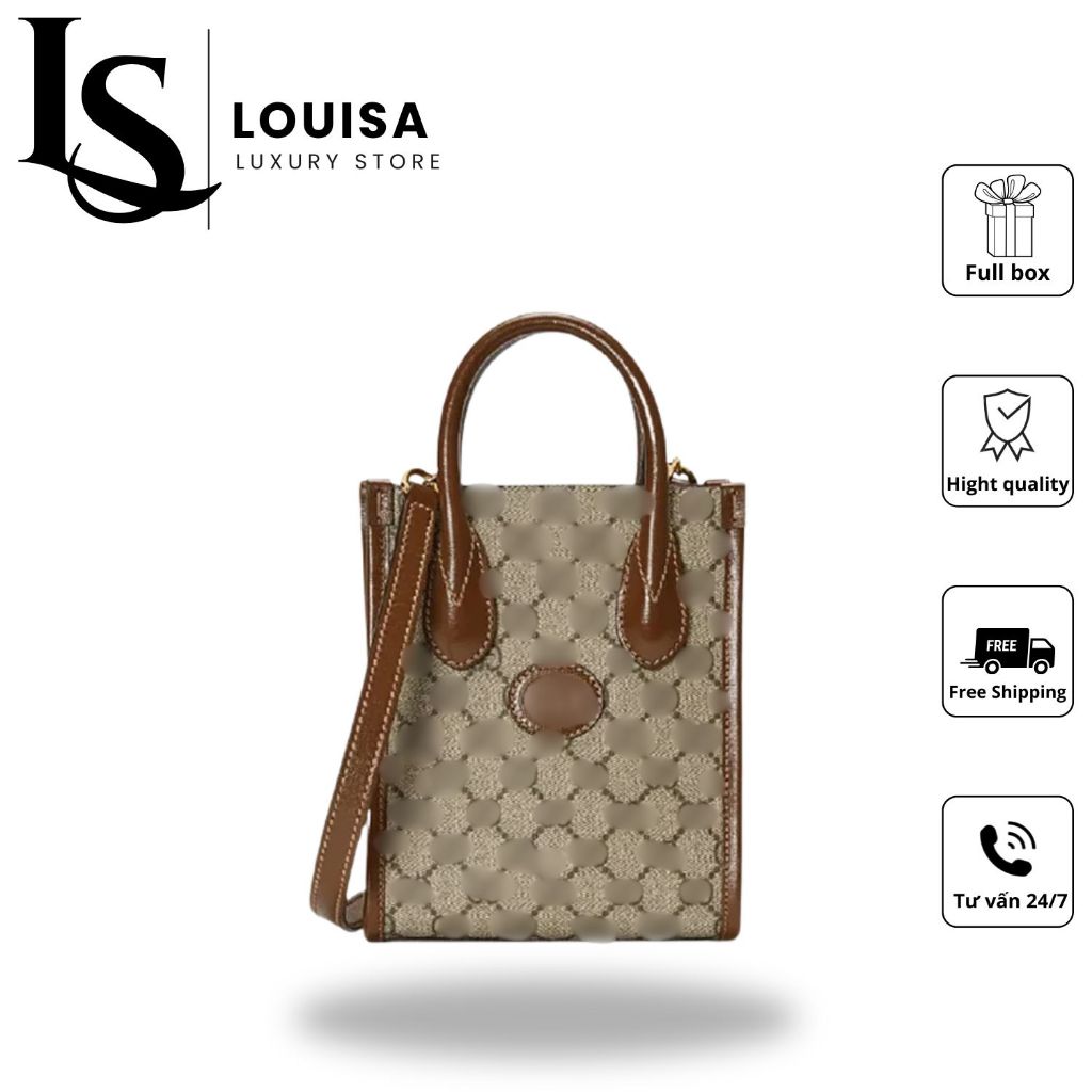 Túi xách G.G mini tote Louisa Store, canvas họa tiết phối da nâu sang trọng, dáng đứng thanh lịch