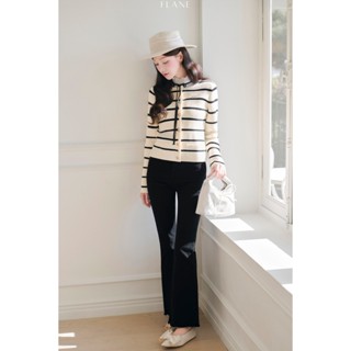  Áo khoác len be kẻ đen cúc vàng đính tang mix cùng quần bò đen - Flane 