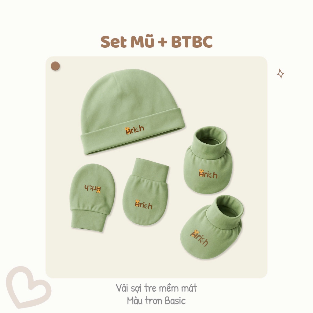 Set mũ, bao tay, bao chân sơ sinh ,  màu trơn Arich , petit vải sợi tre co giãn , mềm, mịn, thấm hút mồ hôi