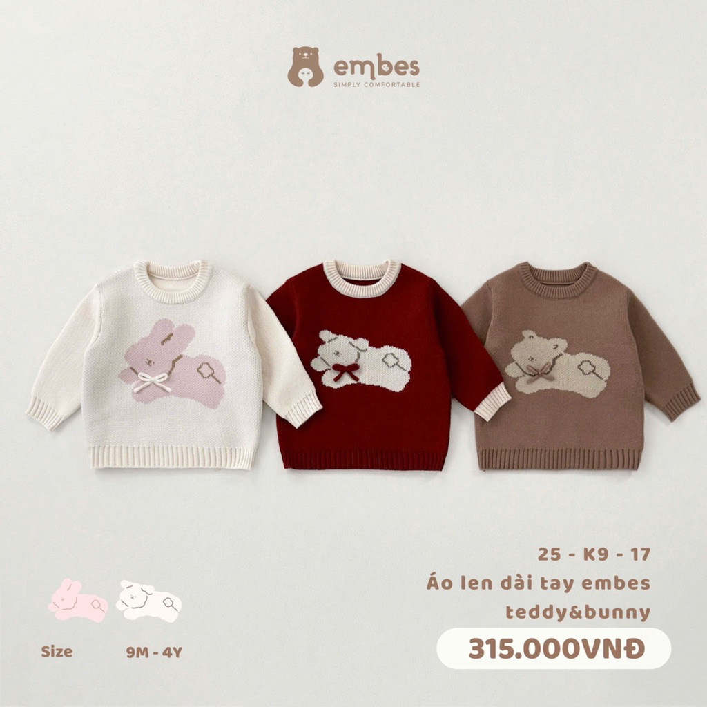 Áo len dài tay Embes phối hoạ tiết Embes 25-K9-17 cho bé trai bé gái. Áo len dày dặn cho bé mặc thu 