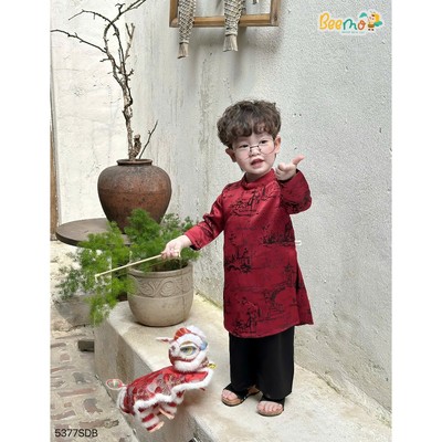 Set áo dài tết cho bé trai hoạ tiết Beemo vải gấm mặc tết, sự kiện cho bé trai từ 9-24kg 5377SDB
