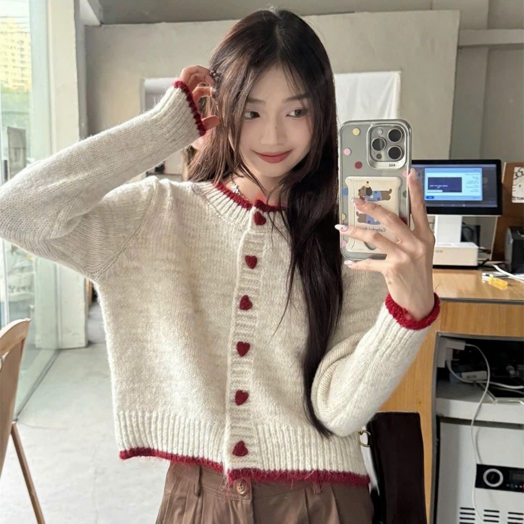 Áo cardigan len 𝒀𝑼𝑴𝑴𝒀 phối viền, Áo len cardigan dệt kim cúc trái tim phong cách Hàn Quốc CA35 | BigBuy360 - bigbuy360.vn