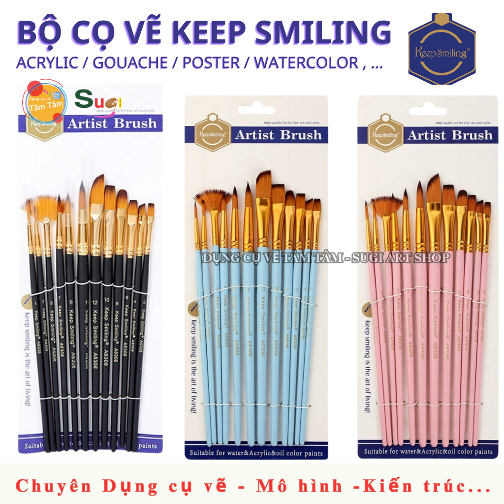 [Bộ 12 Cây] Cọ Vẽ Keep Smiling A6308 – Cọ Acrylic / Gouache / Màu Nước – Bộ Cọ Mỹ Thuật Đa Năng Giá Rẻ