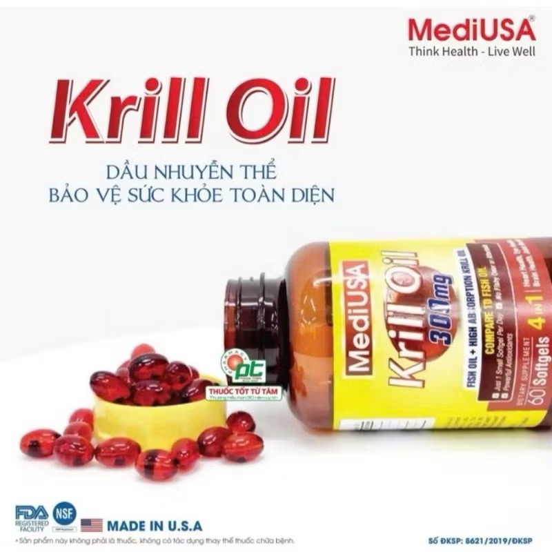 Dầu nhuyễn thể Krill Oil MediUSA bổ sung Omega 3 hỗ trợ sức khỏe tim mạch, não và mắt {HỘP 60 VIÊN}
