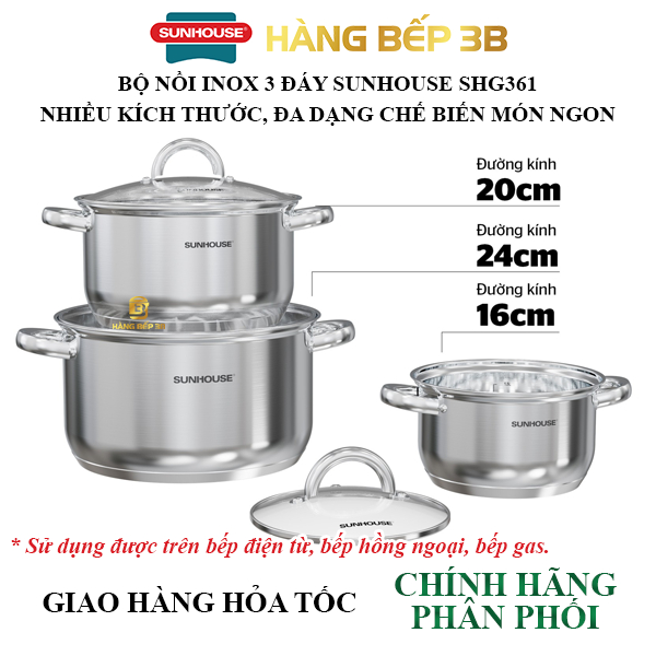 Bộ nồi inox 3 đáy Sunhouse SHG361 dùng được trên bếp từ - Chính hãng Sunhouse, sản xuất Việt Nam