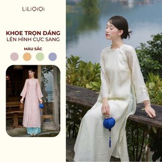   KOL  Áo Dài Truyền Thống Nữ Dáng Suông Tơ Crep Cổ Tròn Dài Tay Vỹ Bình LiLiQiQi By LeeGi - AD839 
