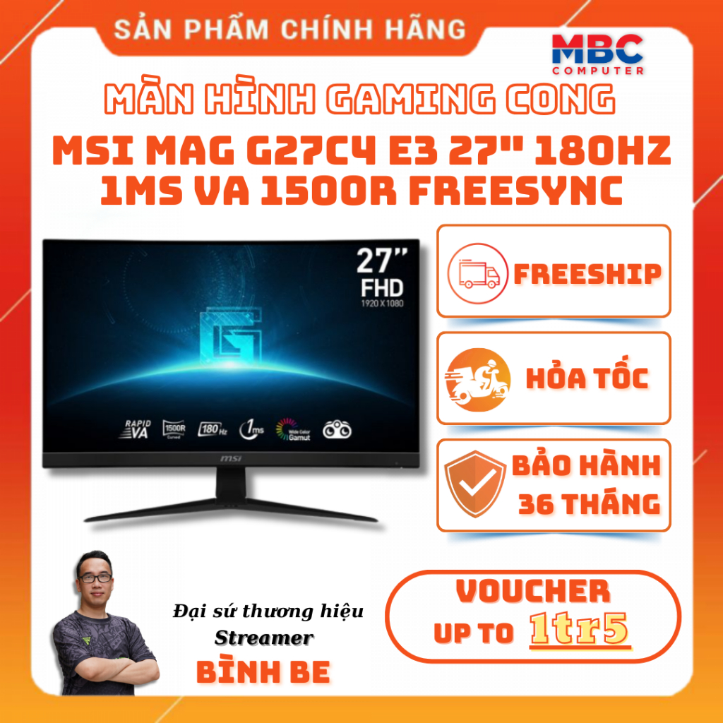 Màn Hình Gaming MSI G27C4 E3 27"/ VA/ FHD/180Hz/1ms/Cong/1500R FreeSync - New - Bảo hành 36 tháng