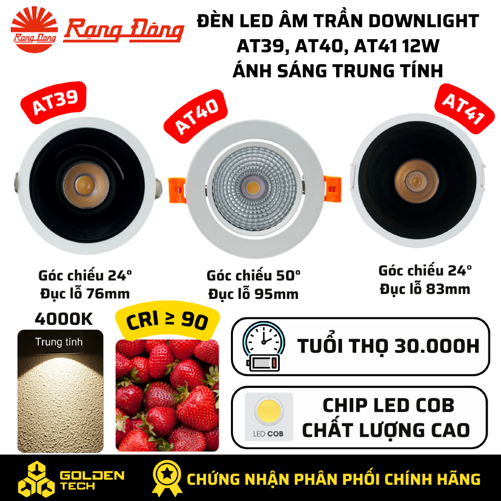 Đèn LED âm trần Downlight Rạng Đông 12W Sáng Trung tính 4000K góc chiếu 24°,  50° AT39, AT40, AT41
