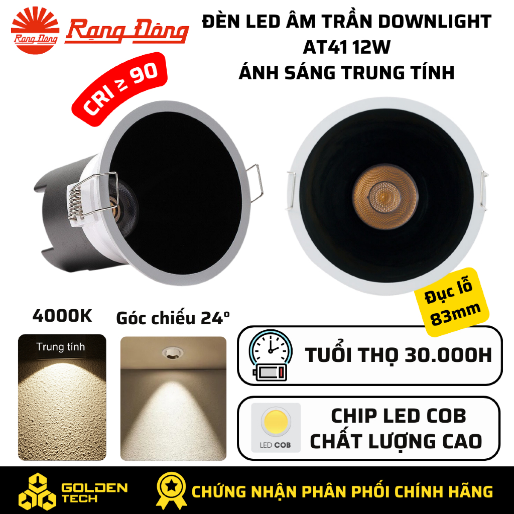 Đèn LED âm trần Downlight Rạng Đông 12W Sáng Trung tính 4000K góc chiếu 24° AT41 86/12W
