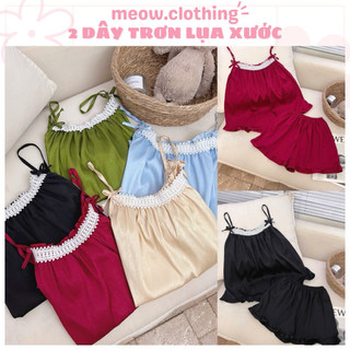Đồ Mặc Nhà, Bộ Ngủ Nữ 2 Dây Trơn Lụa Xước, Latin Phối Ren Freesize Dưới 58kg