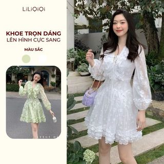 Đầm Hoa Nhí Tiểu Thư Tay Bồng LiLiQiQi By LeeGi Đầm Đan Dây Ngực Chiết Eo Hoa Nổi - VT727