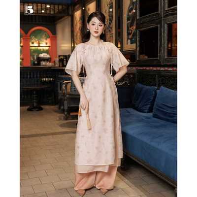 Áo dài nữ Twentyfive tay lỡ, họa tiết hoa, đính nơ 2 bên ADM01 (Không kèm quần)