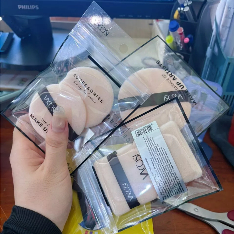 Bông Phấn Khô Trang Điểm VACOSI Loại Tròn Vuông Size Nhỏ Trung Lớn BP01, BP02, BP08, BP09, PK02