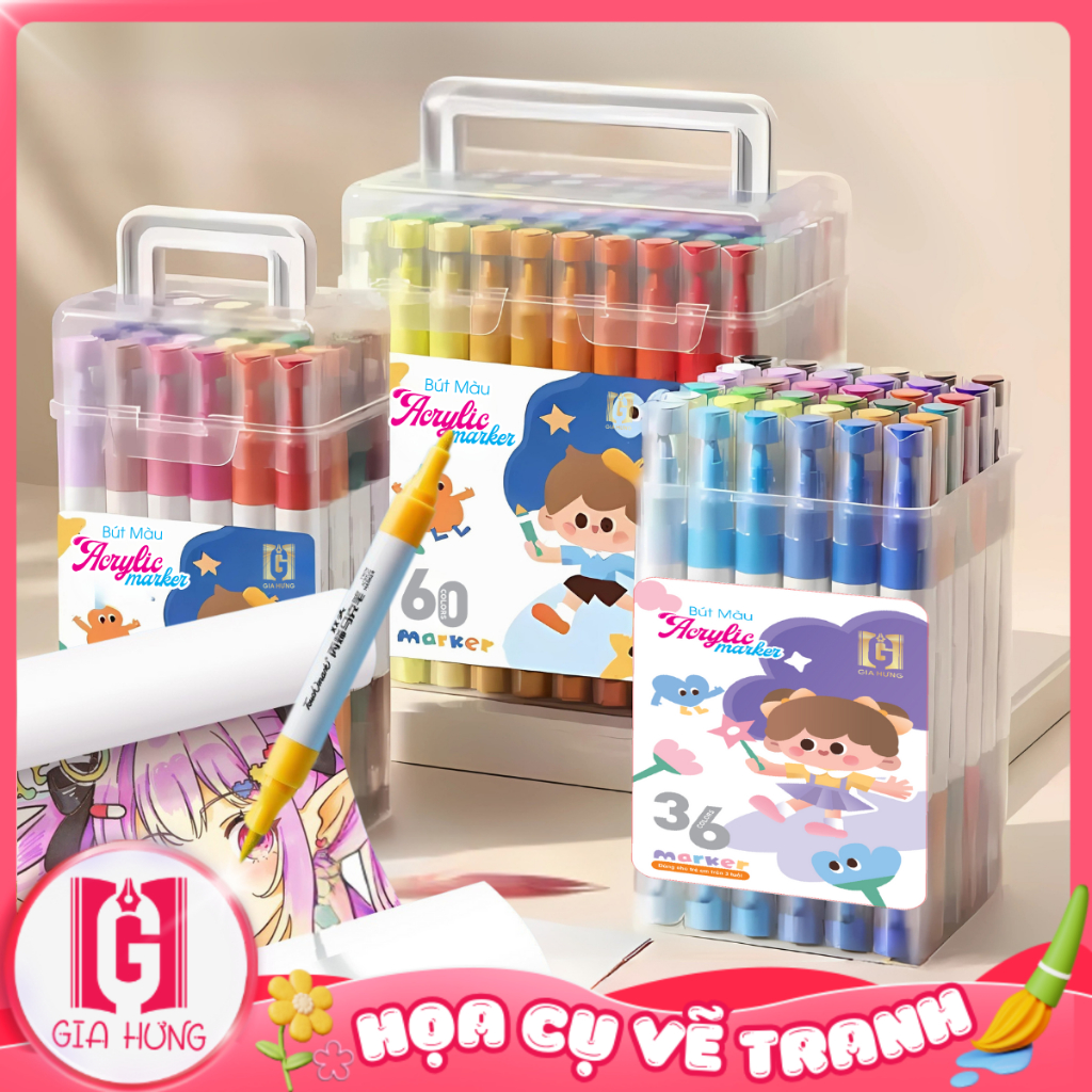 Bút Màu Acrylic Marker 2 Đầu 12/24/36/48/60/80, Bút Đánh Dấu Acrylic 2 Đầu Nhanh Khô Chống Thấm Nước