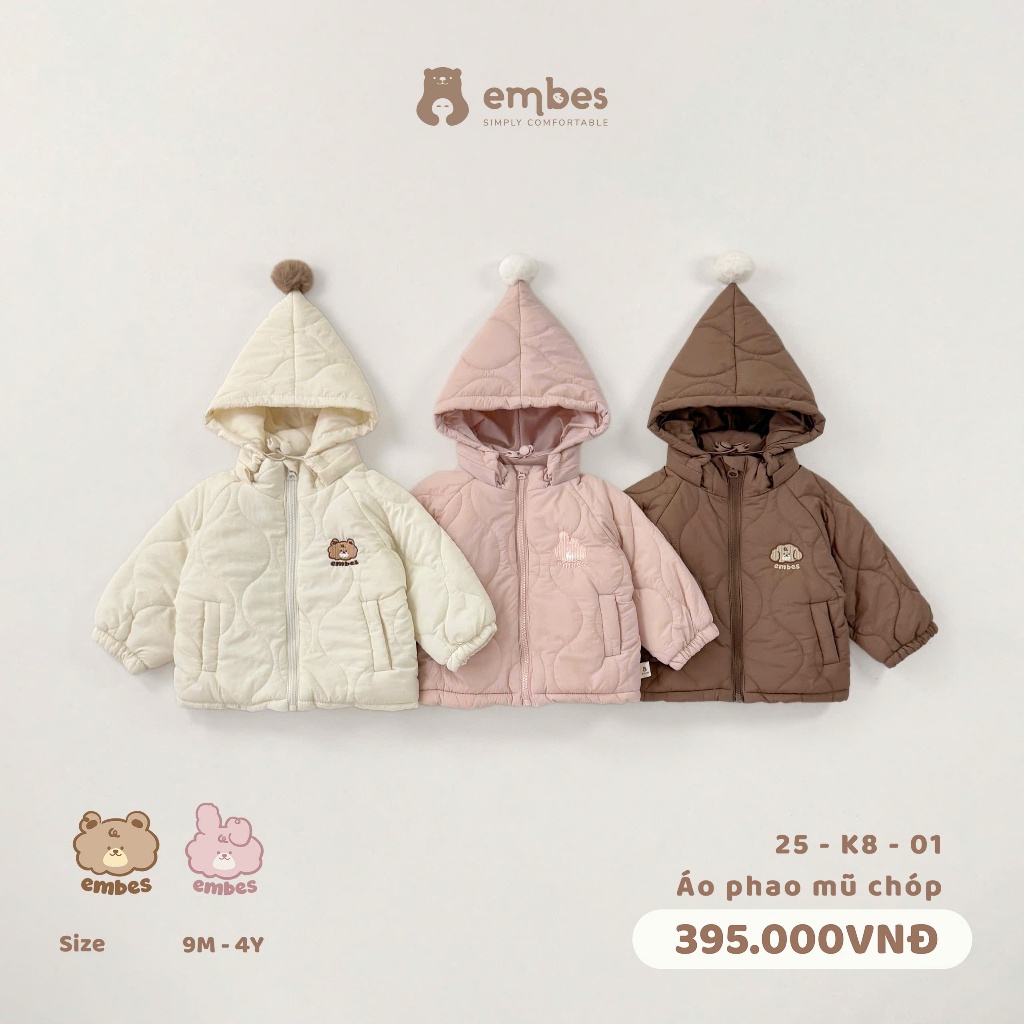  Áo Khoác Bé Embes Áo Khoác Phao Lót Lông Có Mũ Chất Dày Dặn Cho Bé Mặc Thu Đông Size Từ 8kg-18kg 