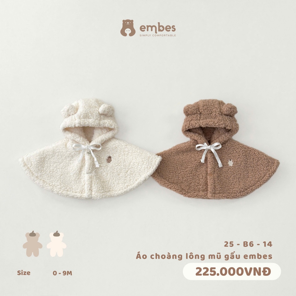 Áo Choàng Cho Bé Sơ Sinh Embes, Áo Choàng Lông Mũ Gấu-Thỏ Dày Dặn Ấm Áp Cho Bé Sơ Sinh Từ 0-9 Tháng