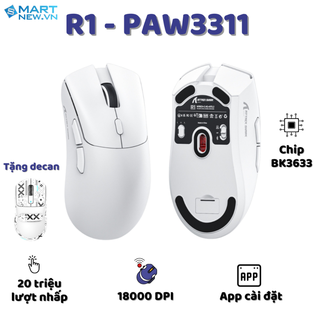Chuột Gaming Không Dây Ziyou Attack Shark R1 Siêu Nhẹ Chip Paw3311 Có App và 3 Chế Độ Kết Nối Bluetooth/ Wireless/ TypeC